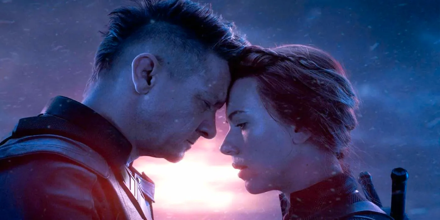 Black Widow and Hawkeye share a tender moment in Avengers: Endgame. Image