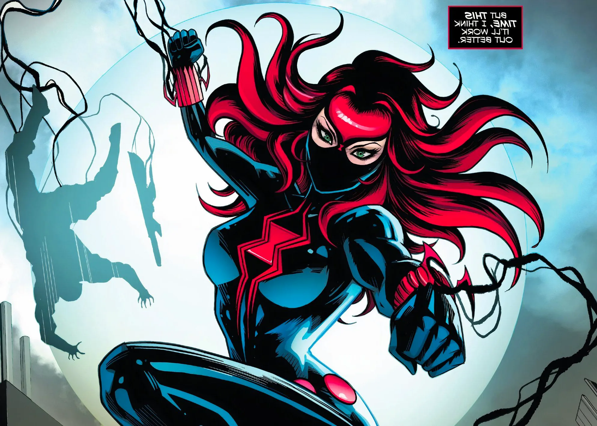 Black Widow and her new symbiote, Sliver, swing into battle. Image