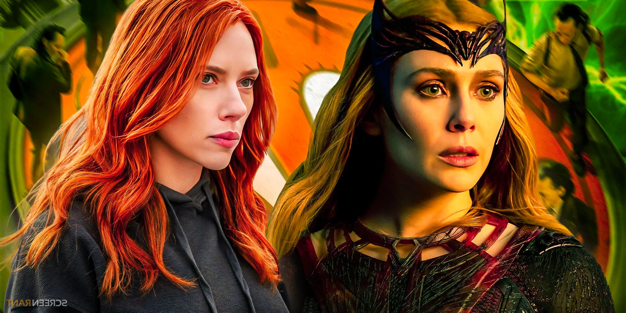 Black Widow and Scarlet Witch from the MCU with a Loki poster in the background Image