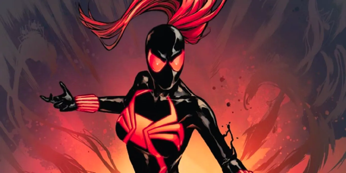 Black Widow in her new symbiote costume, against a backdrop of red-brown dust being kicked up. Image