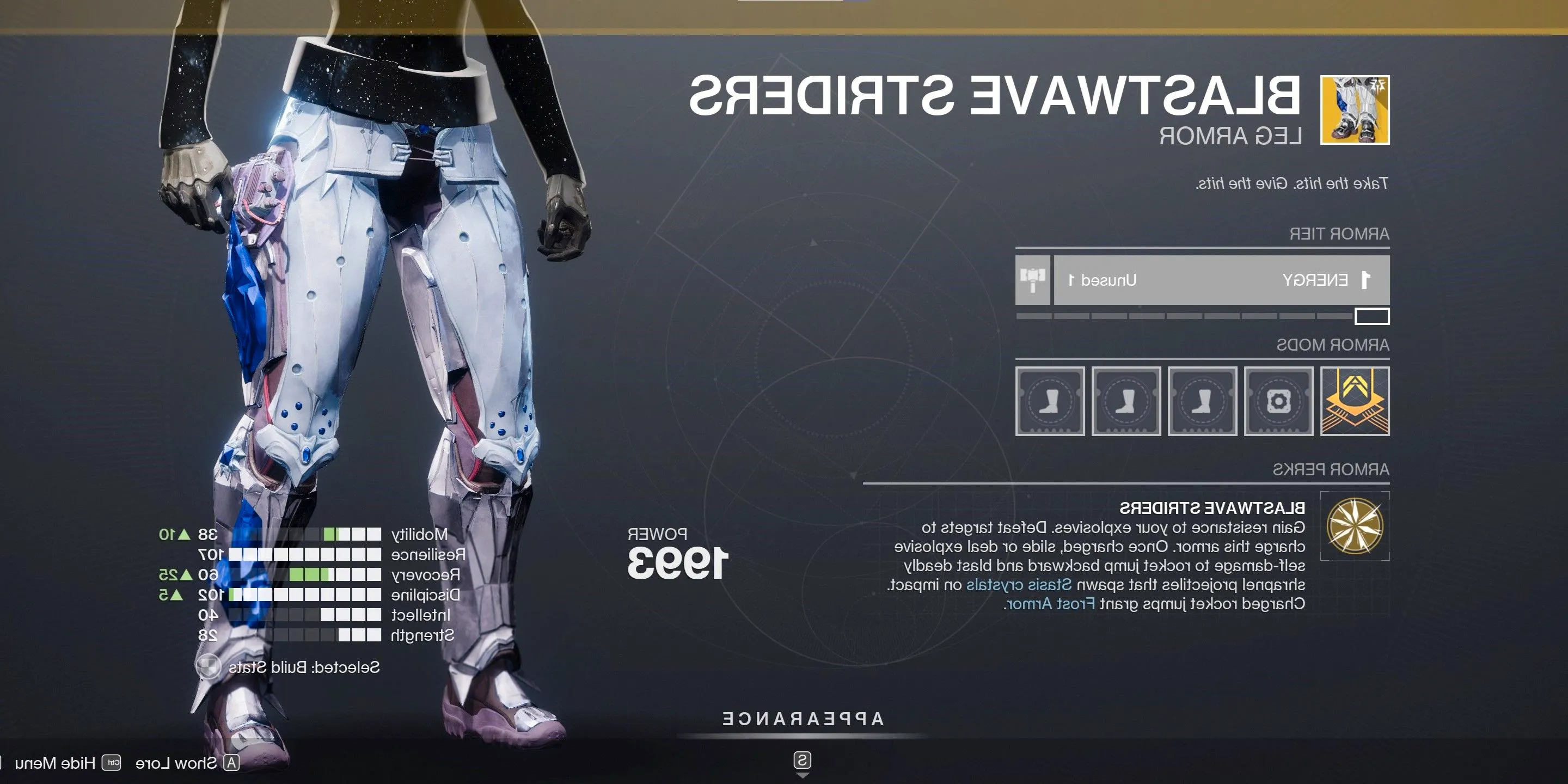 Blastwave Striders Exotic armor menu in Destiny 2 Image