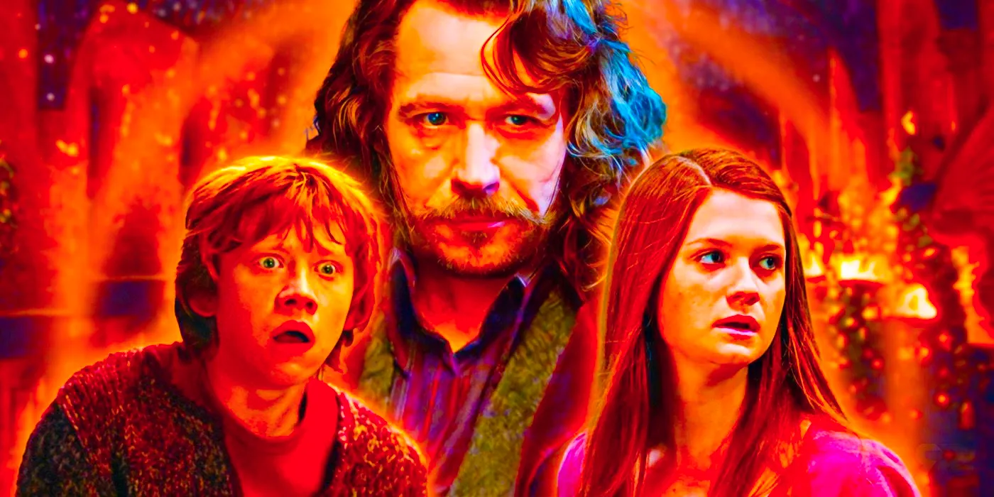 Blended image of Bonnie Wright as Ginny Weasley, Gary Oldman as Sirius Black, and Rupert Grint as Ron Weasley in the Harry Potter movies Image