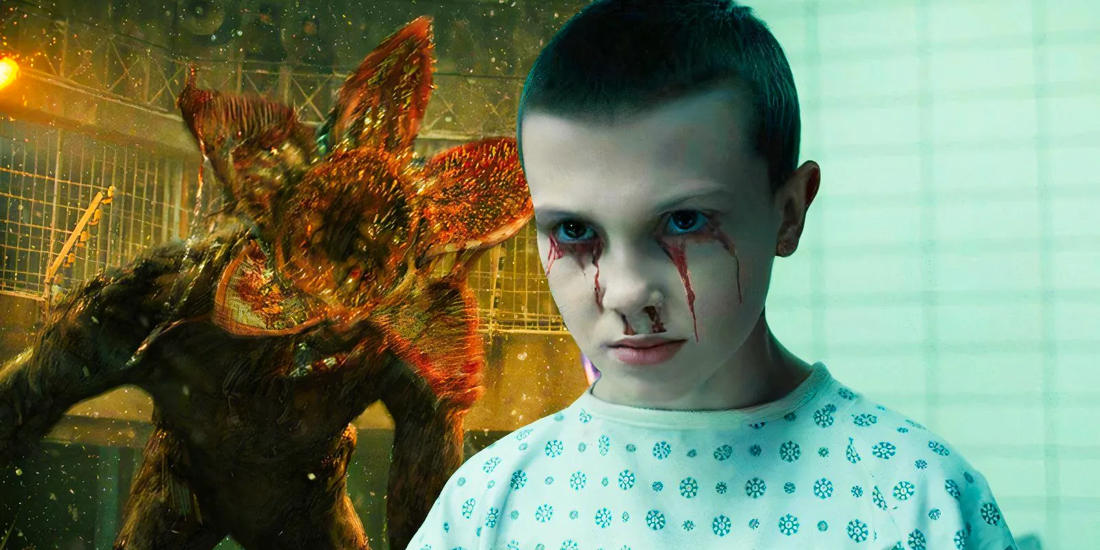 Blended image of Eleven (Millie Bobby Brown) and a Demogorgon in Stranger Things season 4 Image