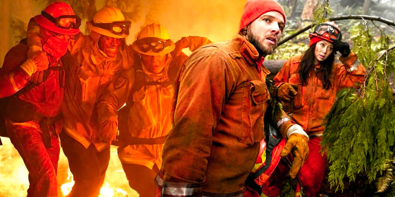 Blended image of firefighters and Bode walking through the forest and other firefighters helping someone in Fire Country Image