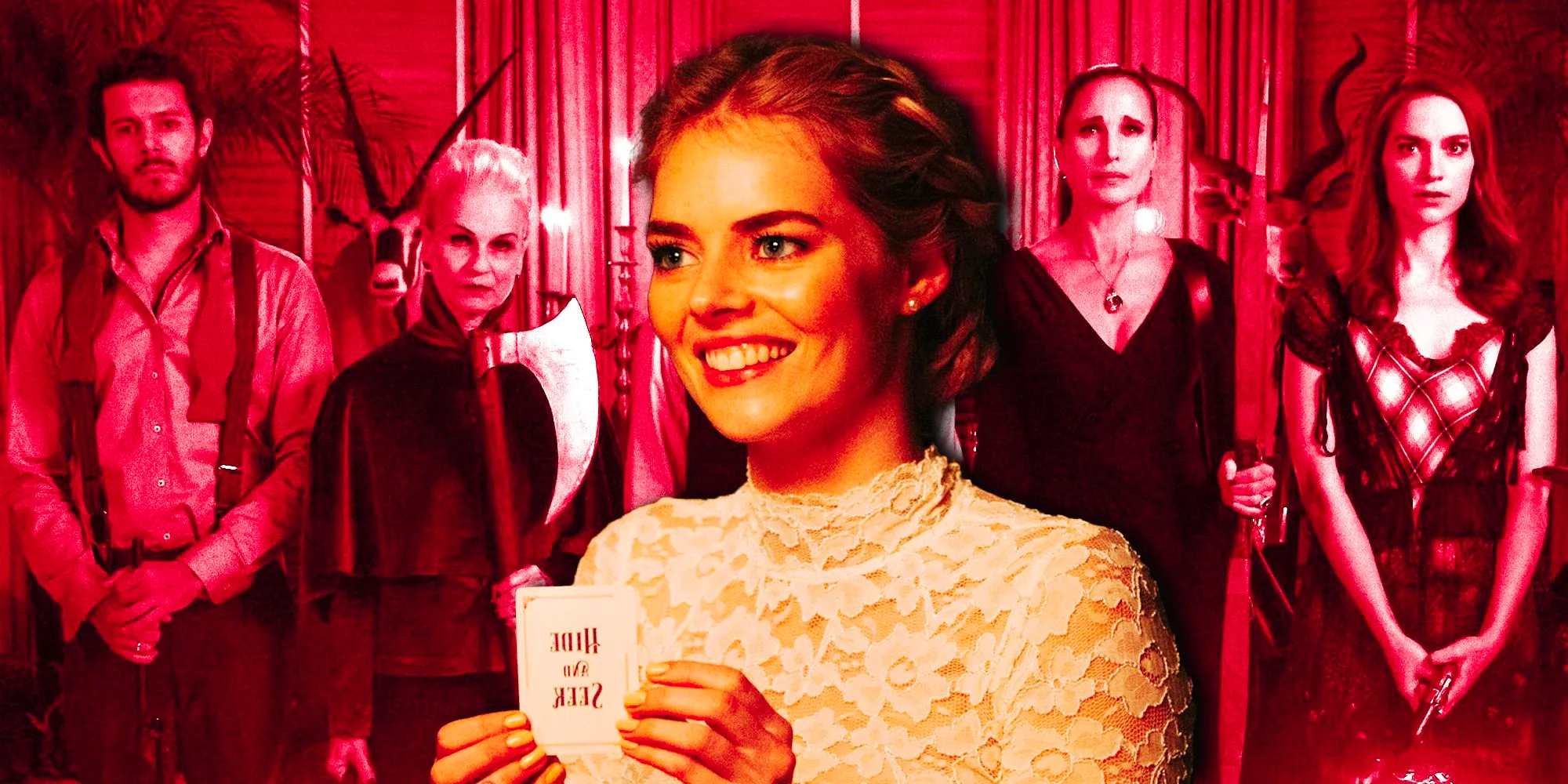 Blended image of Grace Le Domas (Samara Weaving) holding up a hide-and-seek card and the Le Domas family with weapons in Ready or Not Image