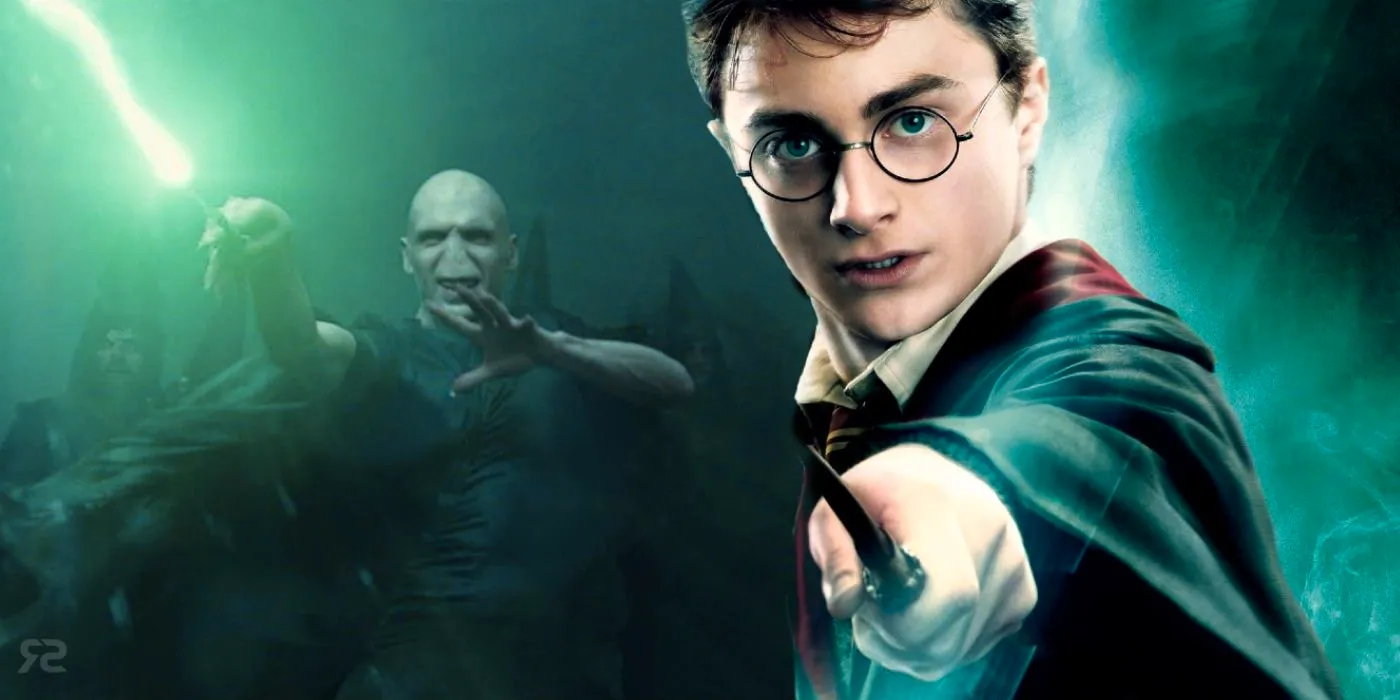 Blended image of Harry Potter (Daniel Radcliffe) and Lord Voldemort (Ralph Fiennes) pointing their wands in the Harry Potter movies Image