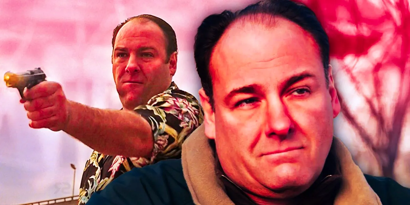 Blended image of James Gandolfini as Tony Soprano pointing a gun and looking pensive in The Sopranos Image