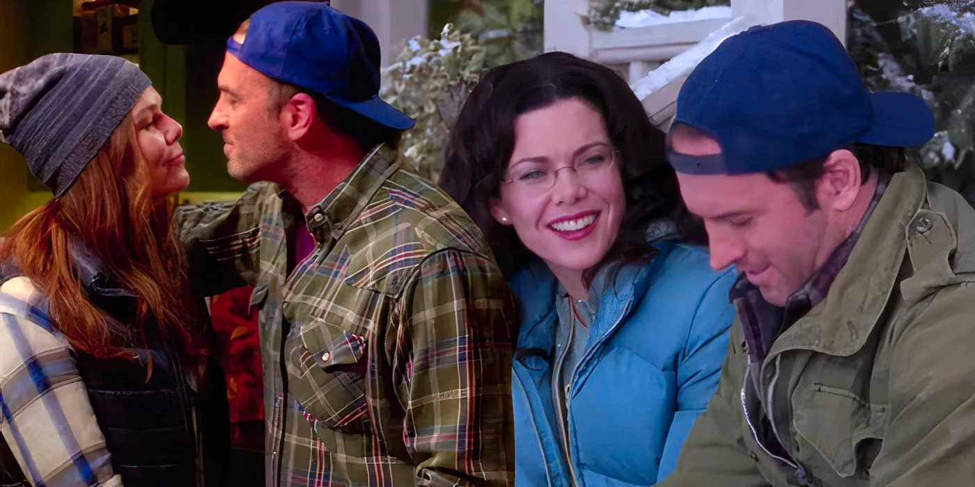 Blended image of Lorelai (Lauren Graham) smiling at Luke (Scott Patterson) and them about to kiss in Gilmore Girls Image