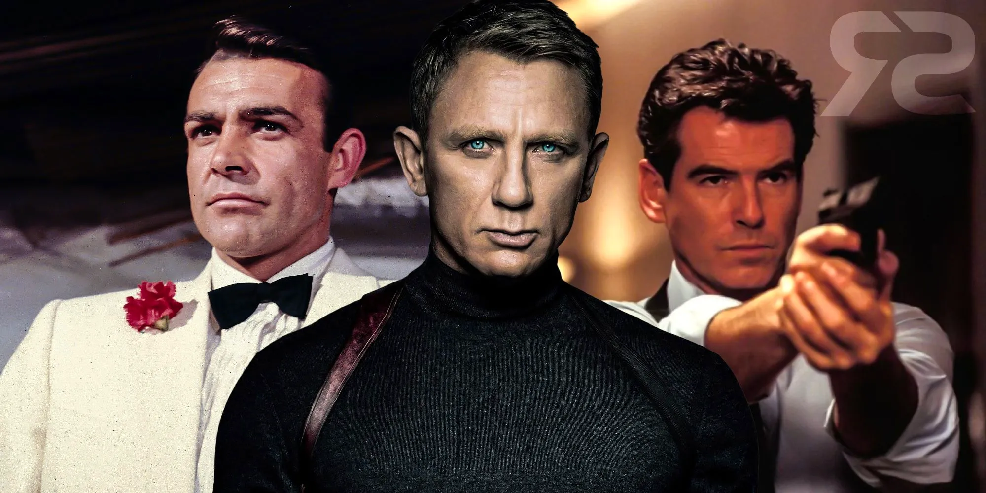 Blended image of Pierce Brosnan, Daniel Craig, and Sean Connery in James Bond films. Image