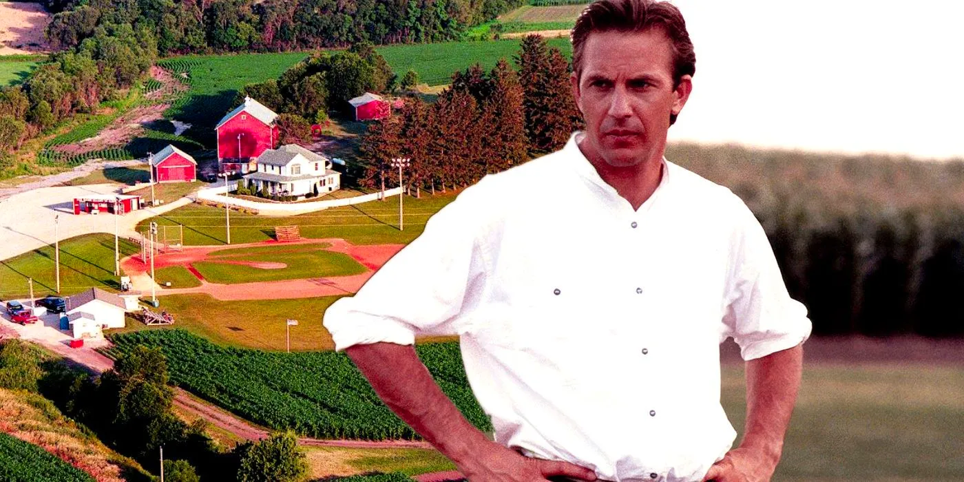 Blended image of Ray Kinsella (Kevin Costner) and the Field of Dreams farm and baseball field Image