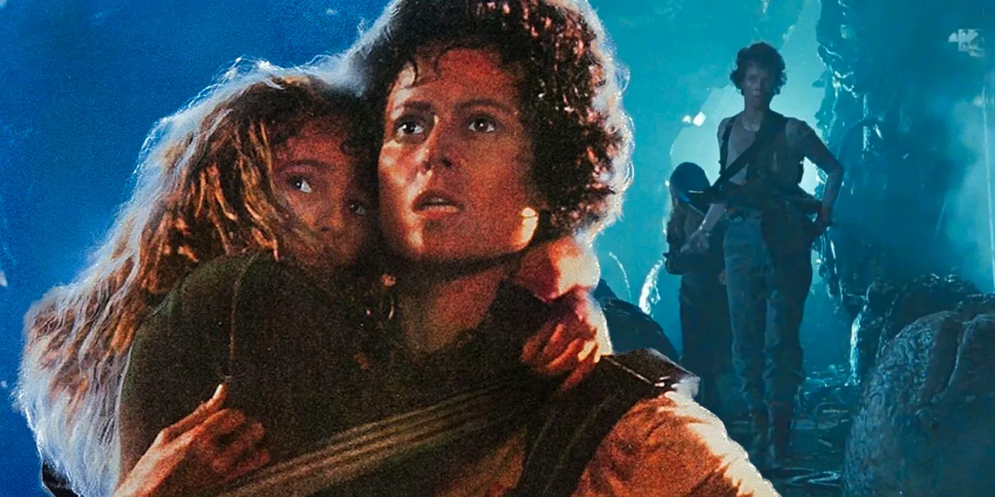 Blended image of Ripley (Sigourney Weaver) and Newt (Carrie Henn) in scenes from James Cameron's Aliens Image