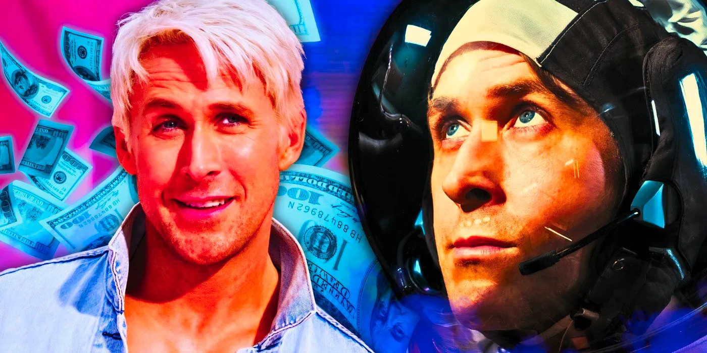 Blended image of Ryan Gosling in First Man and Barbie overtop a background of cash Image