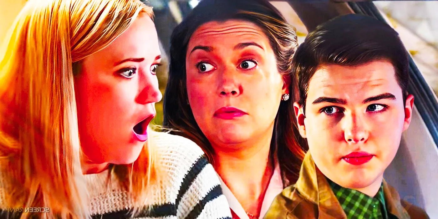 Blended image of Sheldon Cooper (Iain Armitage), Mary Cooper (Zoe Perry), and Mandy (Emily Osment) in Young Sheldon season 6 Image