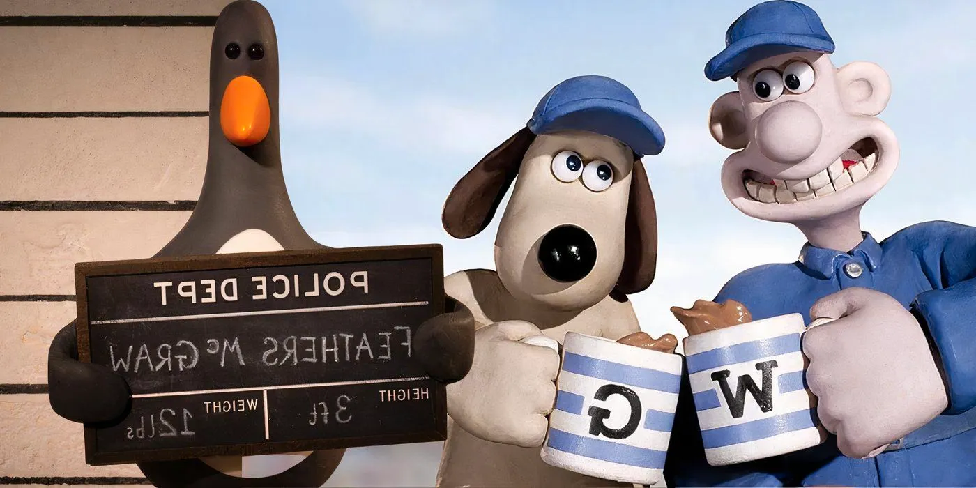 Blended image of Wallace and Gromit cheersing monogrammed mugs and Feathers McGraw posing for a mug shot Image