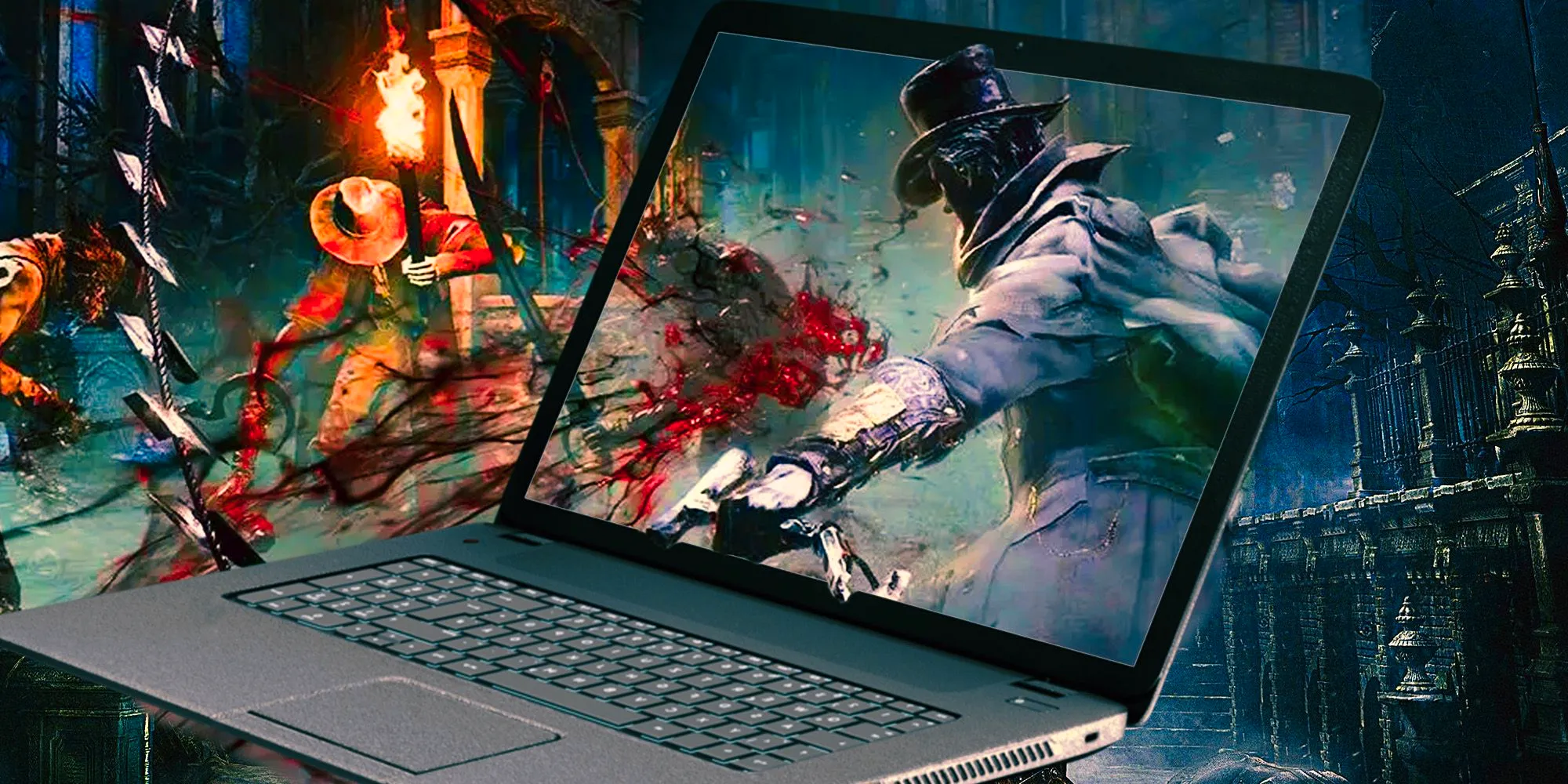 Bloodborne characters with a bloody laptop. Image