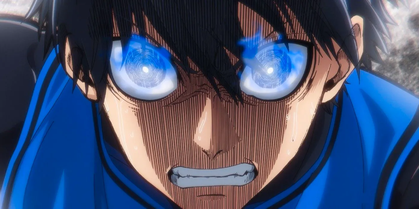 Blue Lock's Isagi with his teeth grit and a fire burning in his eyes as he looks furious. Image