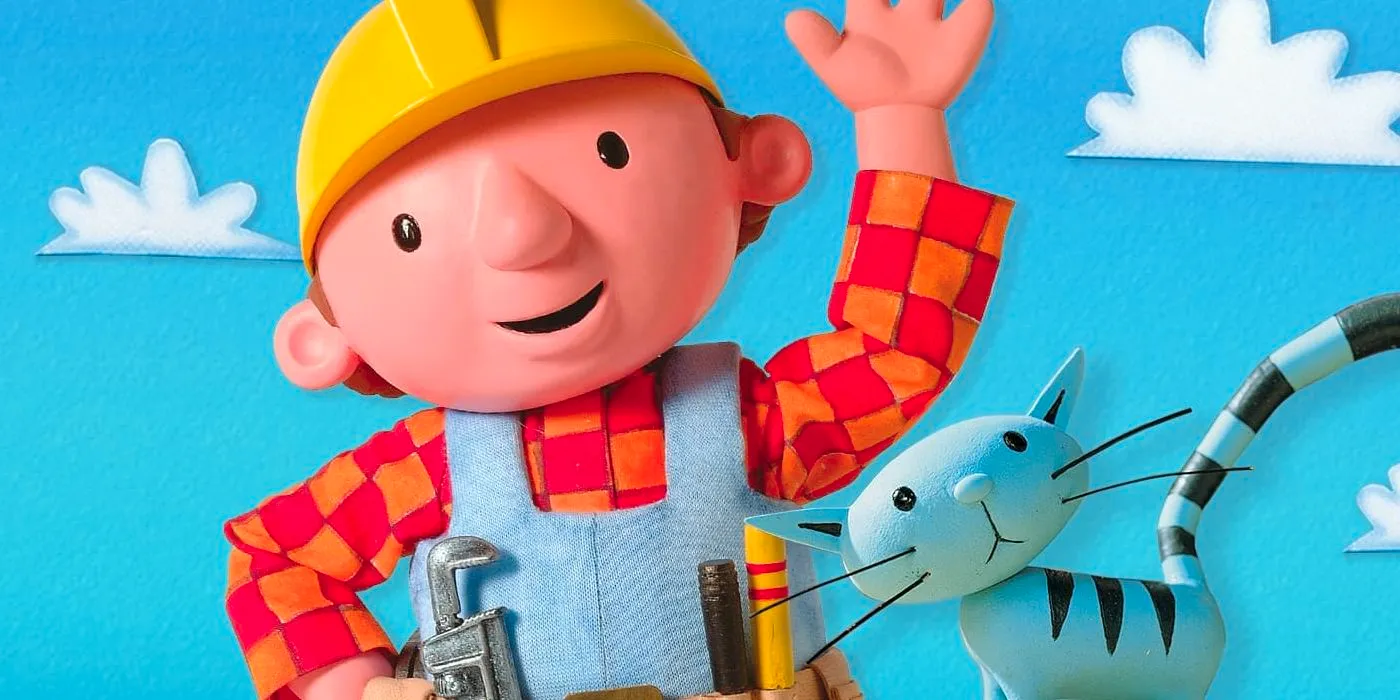 Bob the Builder Waving Alongside a Blue Cat Image