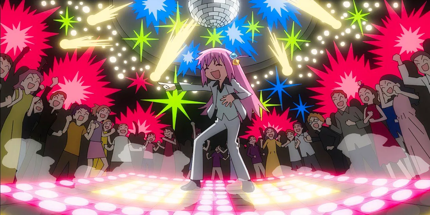 Bocchi imagining herself as an extrovert dancing in a suit with a cheering crowd and lights around her. Image