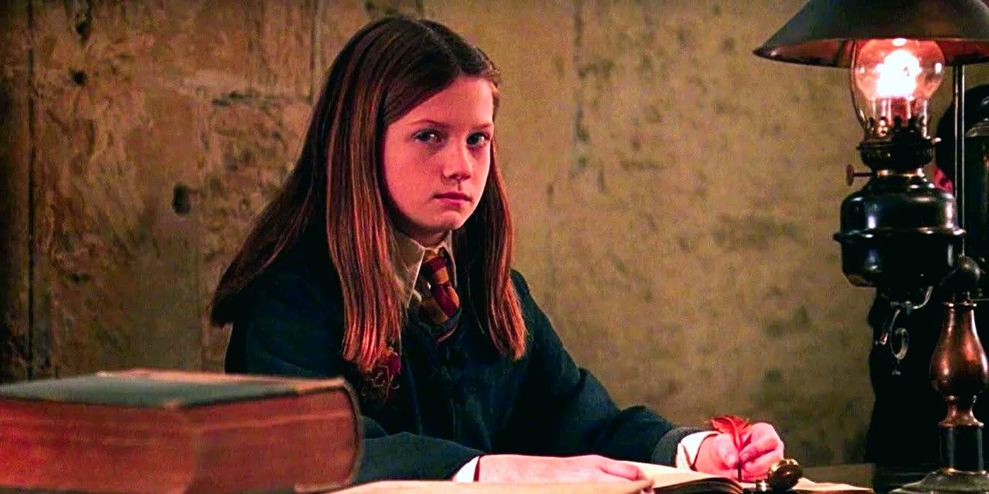 Bonnie Wright as Ginny Weasley looking serious in Harry Potter and the Chamber of Secrets. Image