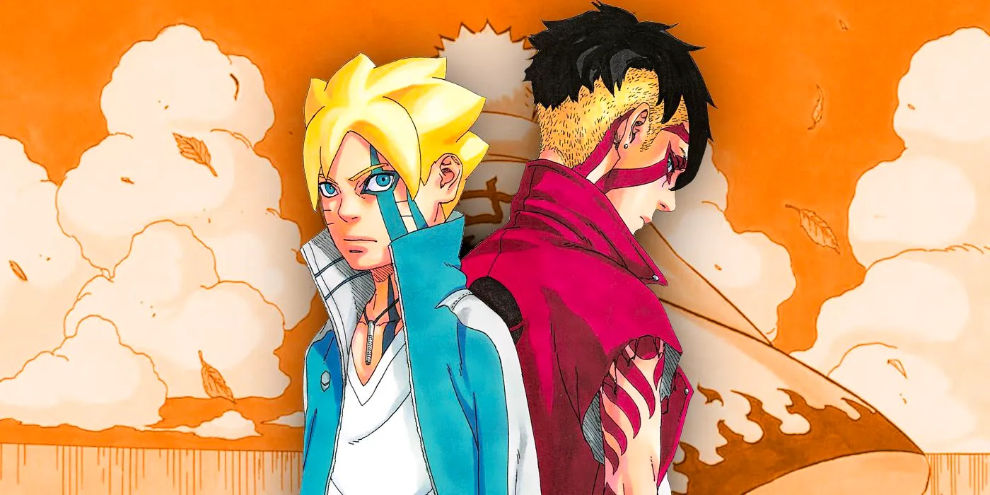 Boruto and Kawaki in the Boruto series with Naruto in the backdrop Image