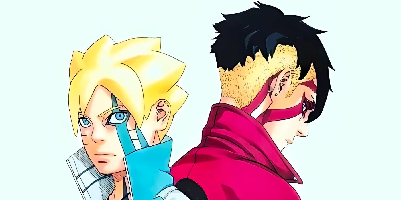 Boruto and Kawaki standing back toback while using their Karma marks.  Image