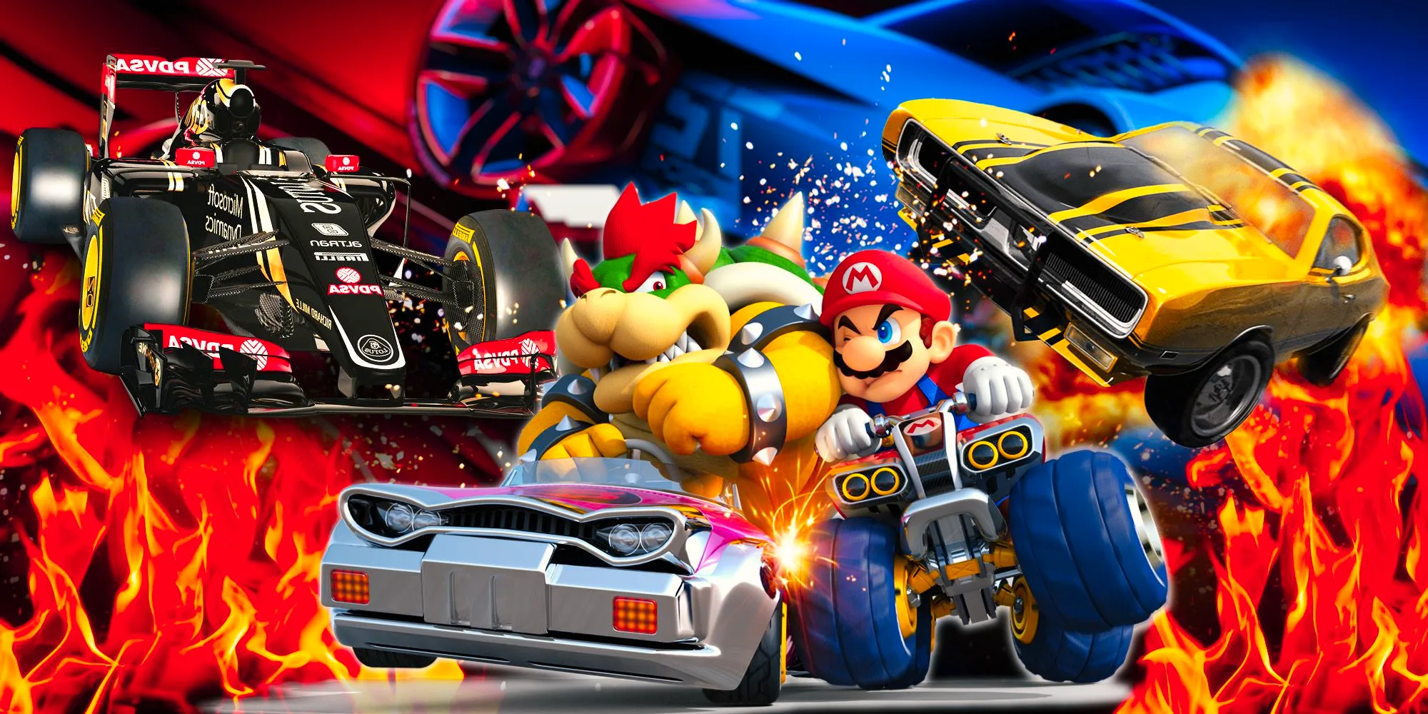 Bowser and Mario in karts bumping into each other, surrounded by a few other cars from racing games. On the right is a Formula 1 car, and a couple muscle cars are above and to the left of Mario and Bowser. Image