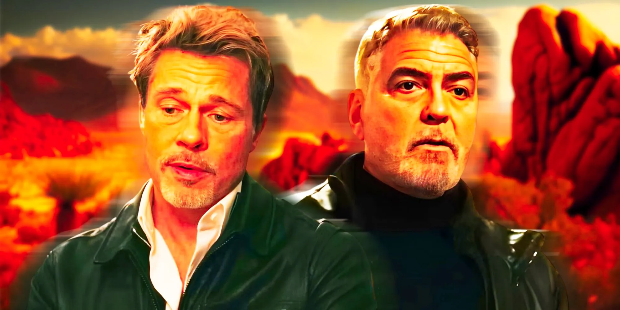 Brad Pitt and George Clooney from Wolfs with Western scenery in the background Image