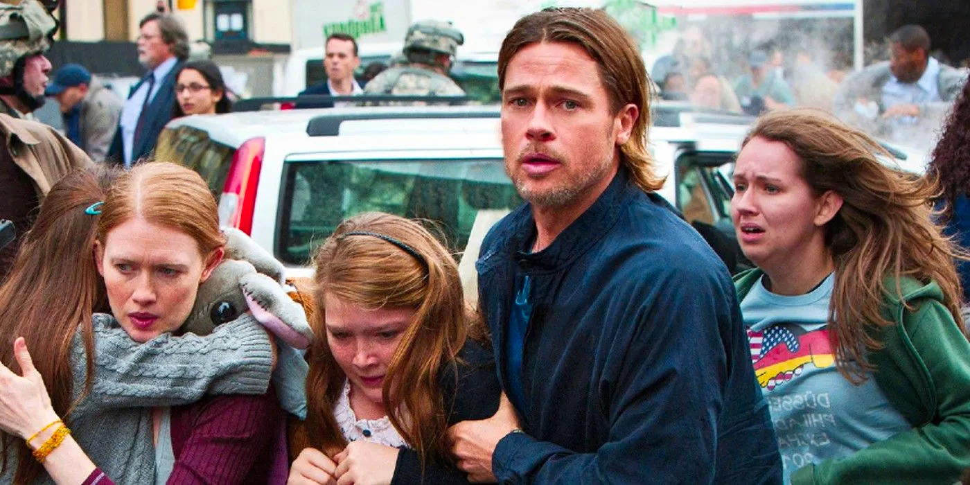 Brad Pitt as Gerry Lane and Gerry's Family Looking Worried in World War Z Image