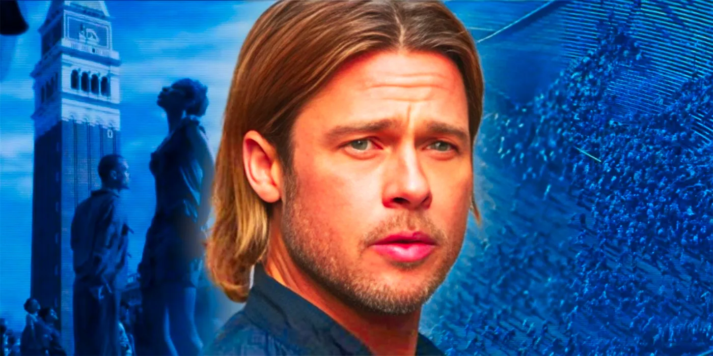 Brad Pitt as Gerry Lane in World War z in front of a Horde of Zombies Image