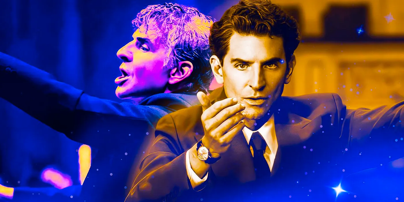 Bradley Cooper as a young Leonard Bernstein and as an older Bernstein in Maestro. Image