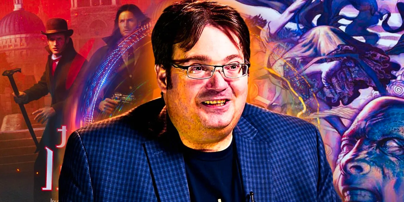 Brandon Sanderson with Mistborn covers Image