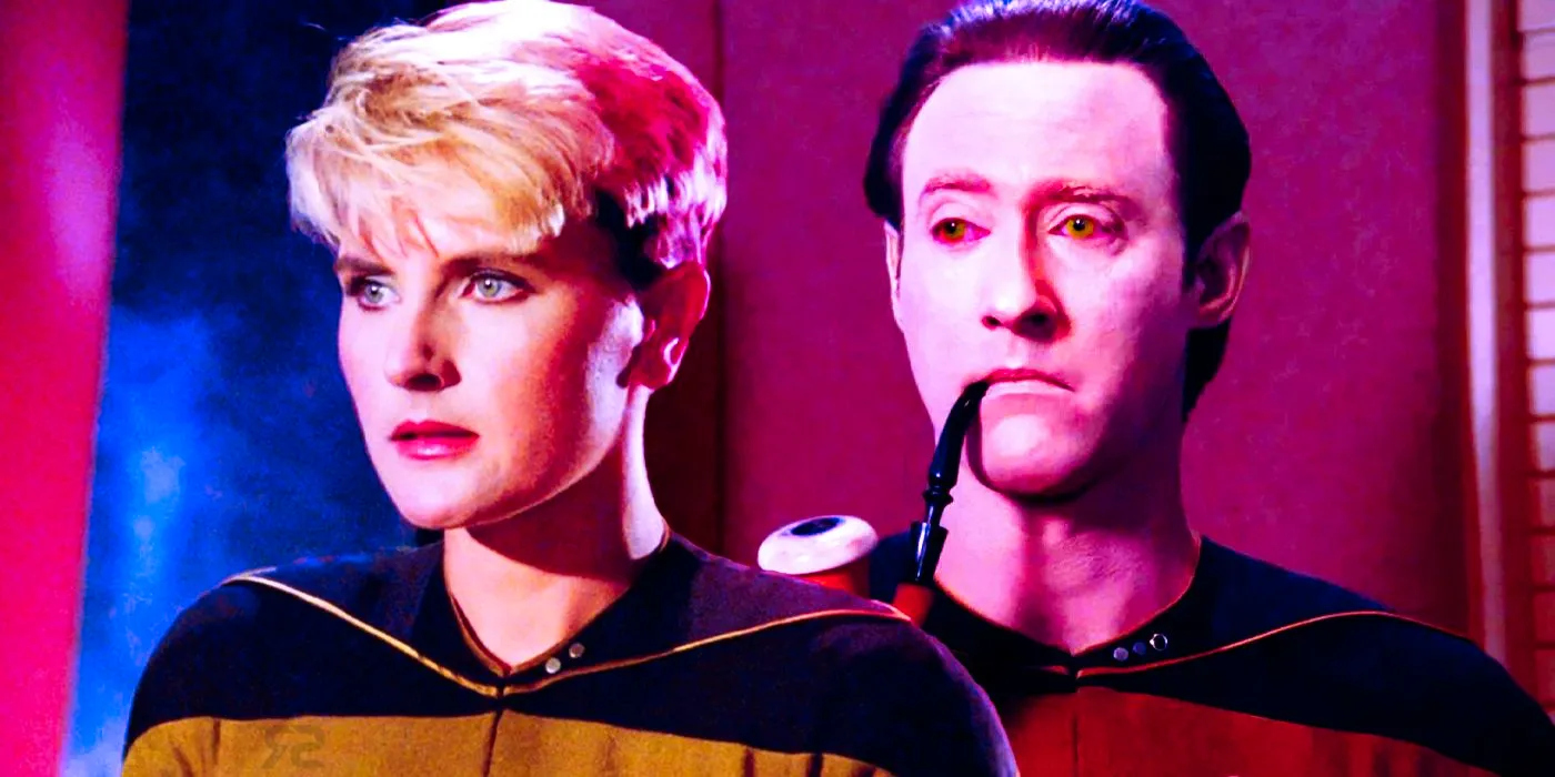 Brent Spiner as Data and Denise Crosby as Tasha Yar in Star Trek: The Next Generation Image