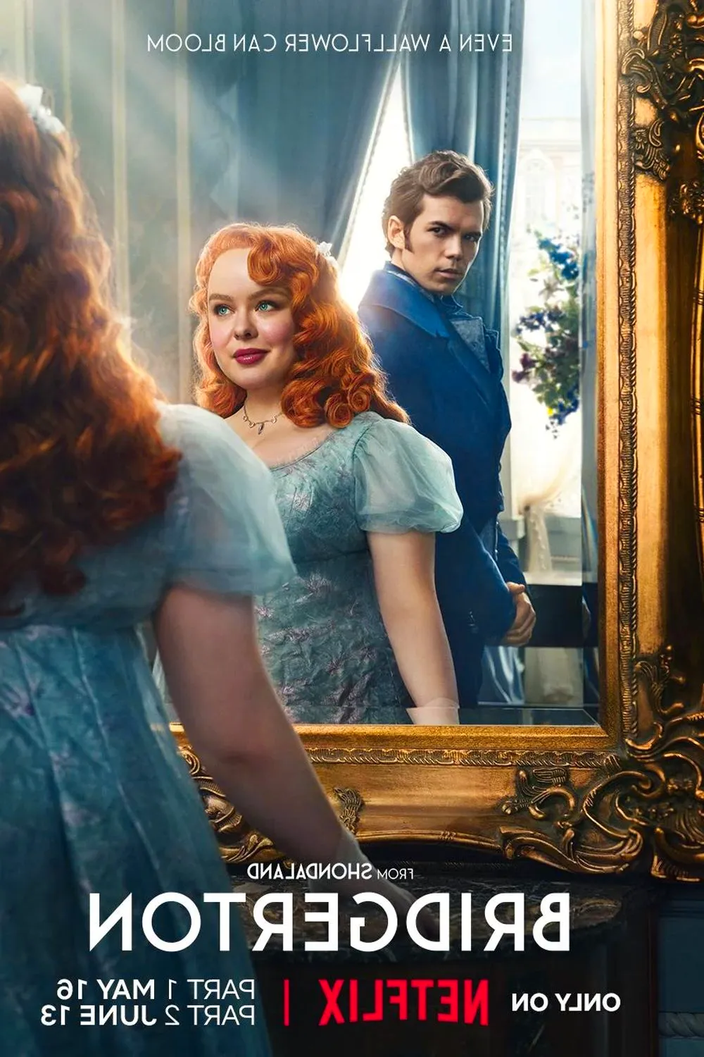 Bridgerton Season 3 Poster Showing Penelope Featherington Looking into a Mirror Image