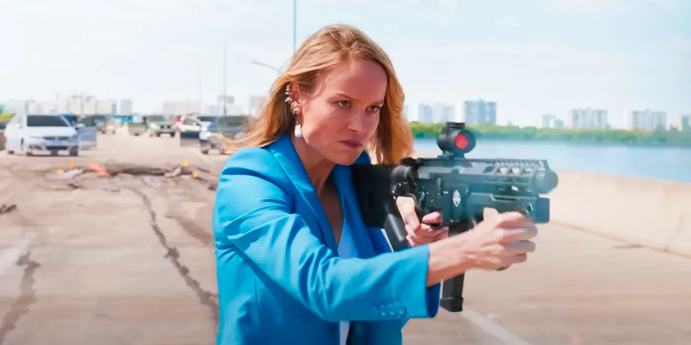 Brie Larson as Tess firing a gun in Fast X Image