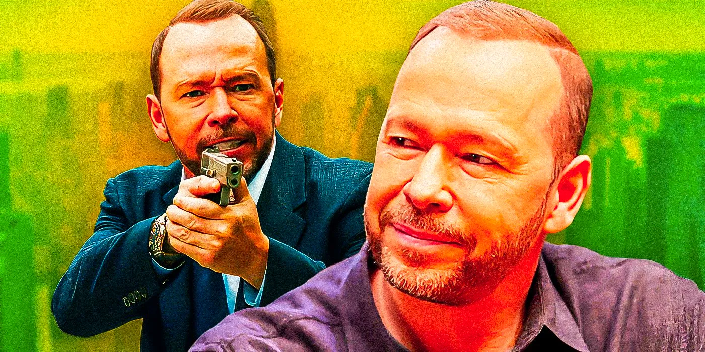 Brightly colored custom image featuring two images of Danny Reagan from Blue Bloods. Danny is smiling and wearing a purple shirt in the front of the image. Behind him is another image of Danny in a suit and holding a gun. Image