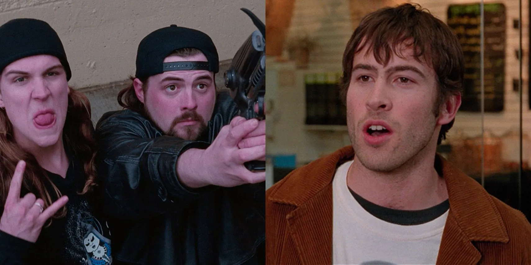 Brodie Bruce in a coffee shop and Jay and Silent Bob with a grappling hook in Mallrats Image