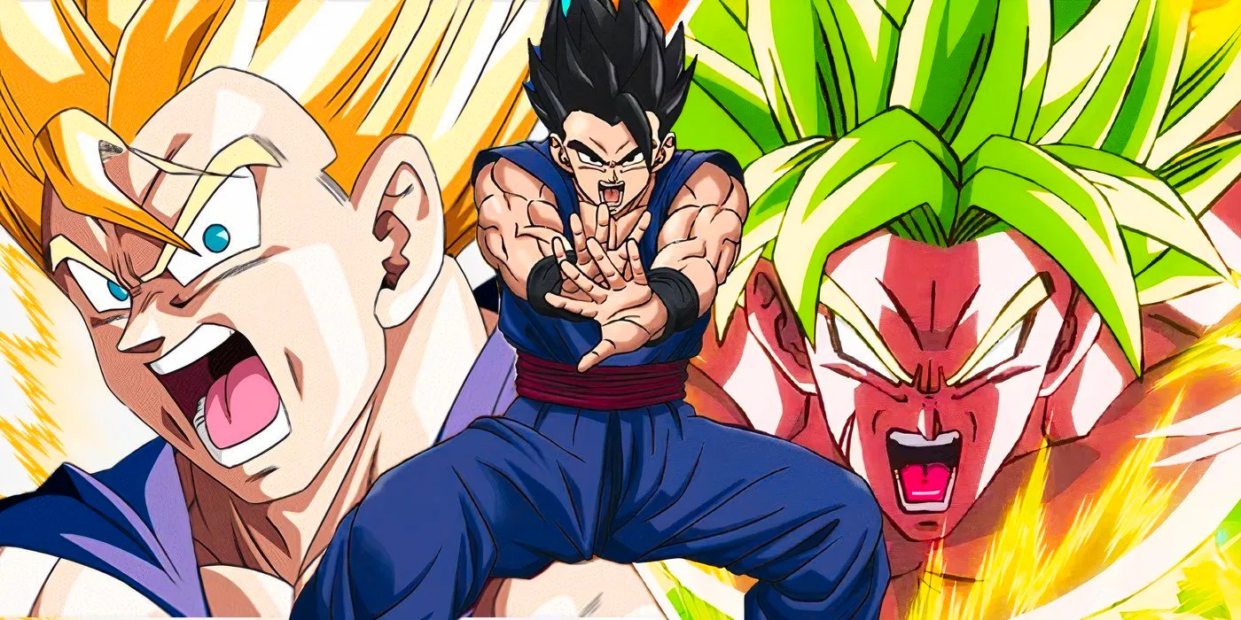 Broly powering up to the left, Gohan readying an attack in the center and Super Saiyan Gohan to the right powering up Image