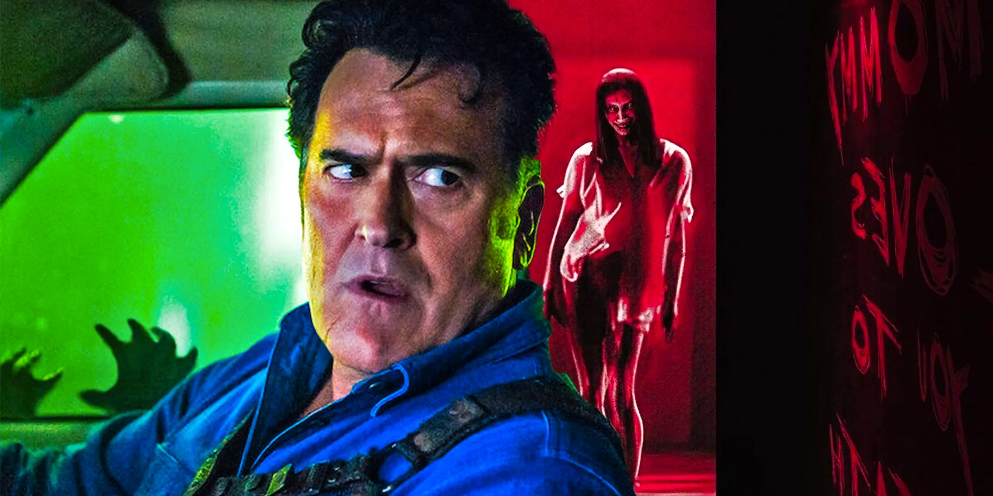 Bruce Campbell as Ash Williams in Ash vs Evil Dead and Alyssa Sutherland as Deadite Ellie in Evil Dead Rise. Image