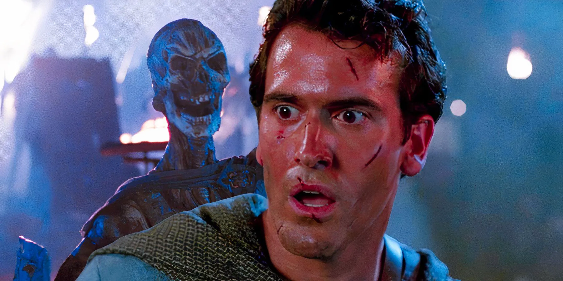 Bruce Campbell as Ash Williams juxtaposed with a skeleton in Army of Darkness Image