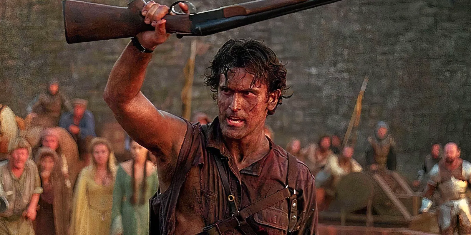 Bruce Campbell holding up a shotgun as Ash in Army of Darkness Image