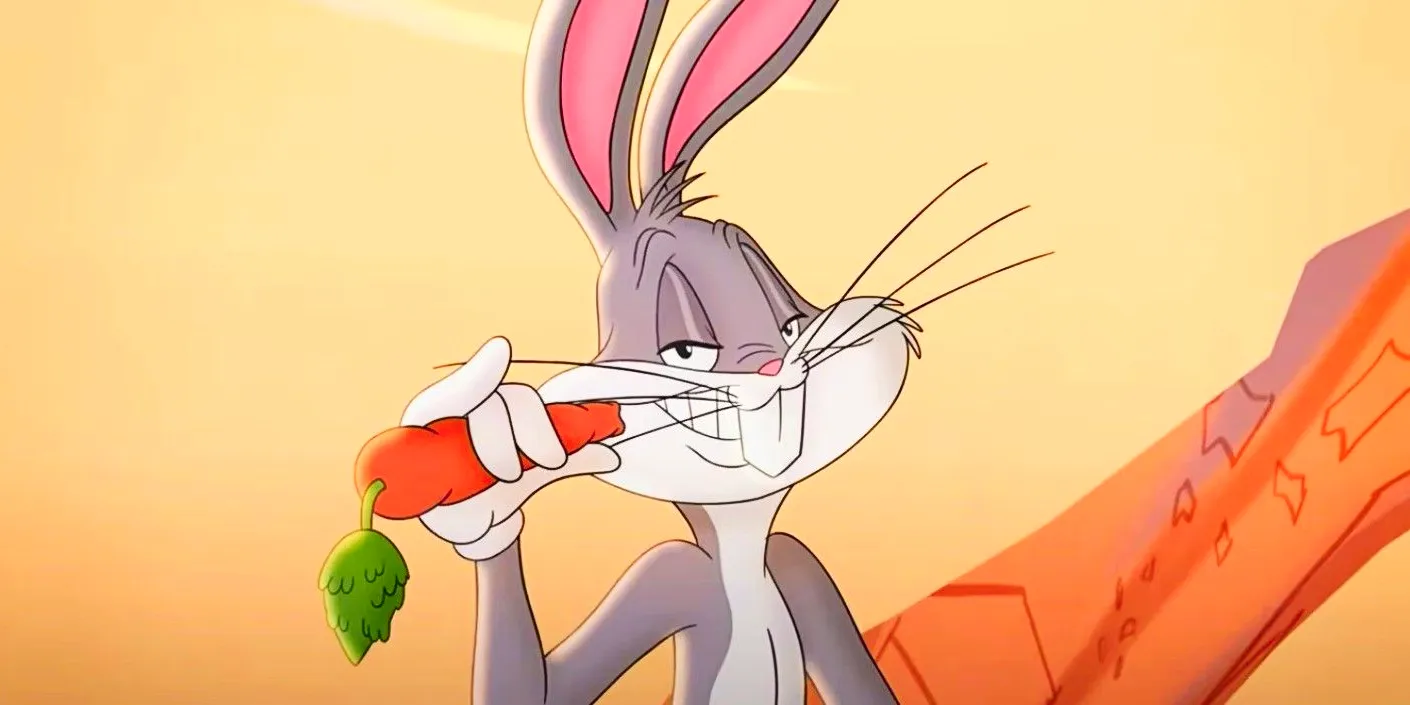 Bugs Bunny chomping on a carrot with a sneaky look on his face Image