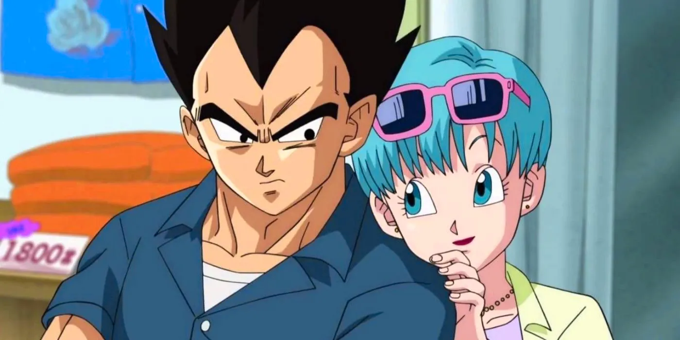 Bulma leaning on Vegeta in Dragon Ball Super. Image