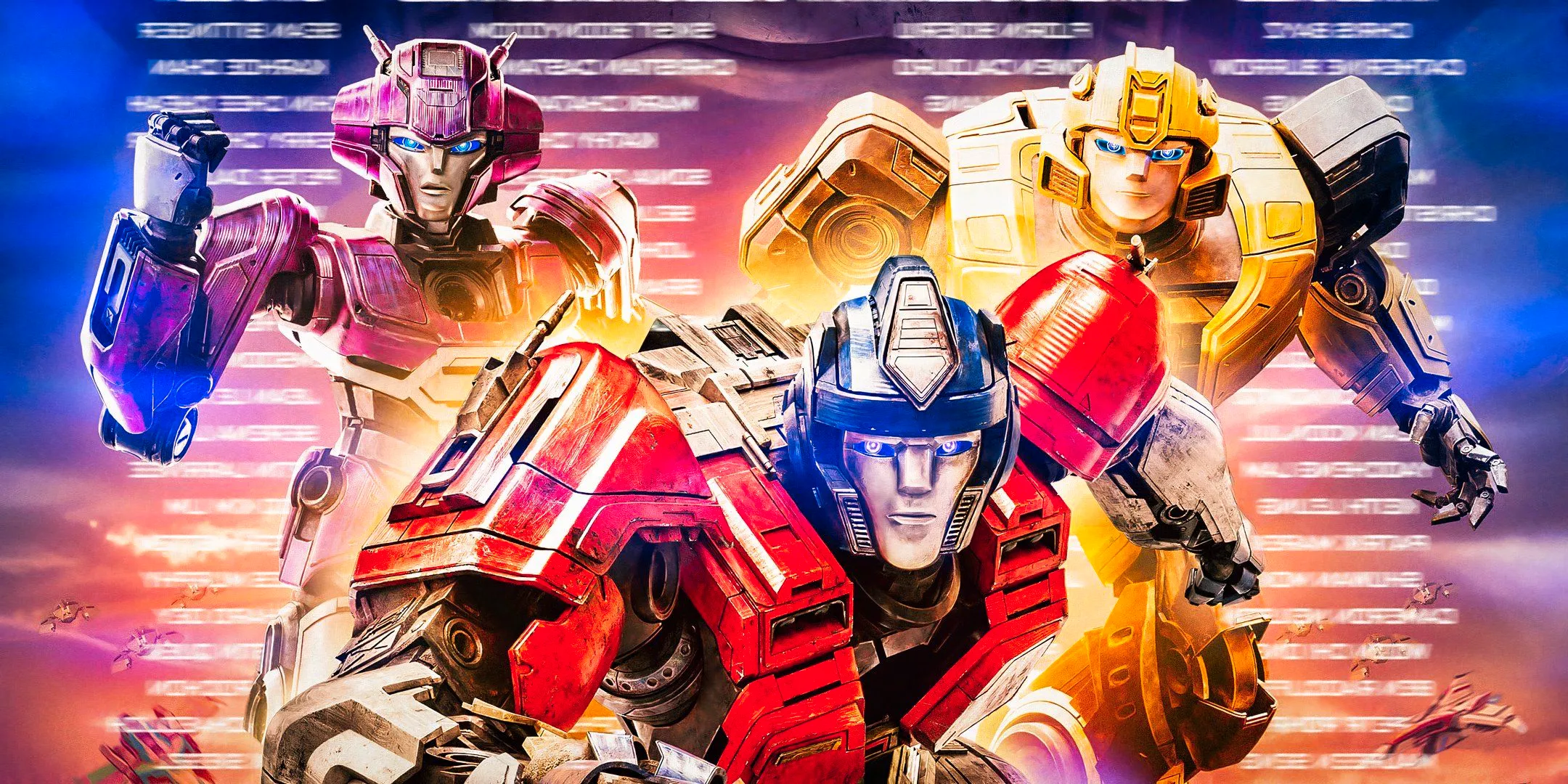 Bumblebee, Optimus Prime, and Elita in Transformers One with credits behind them Image