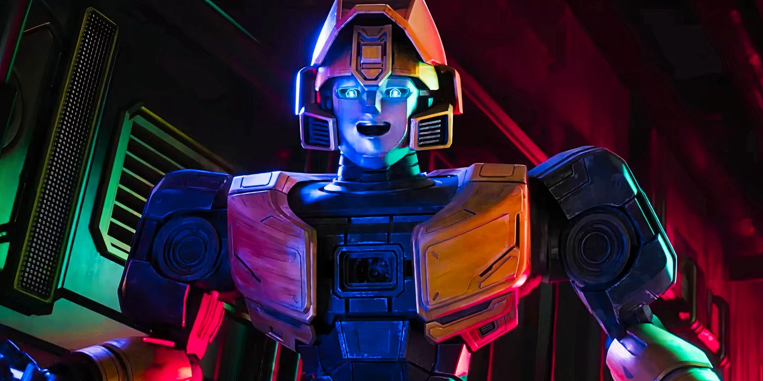 Bumblebee smiling and talking with his visor up in Transformers One Image