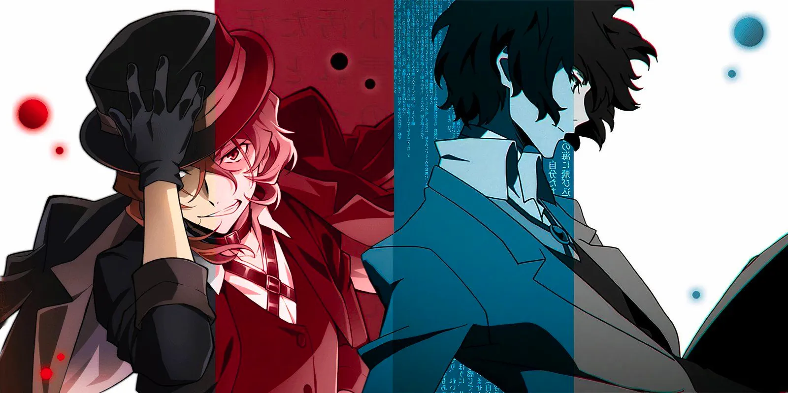 Bungo Stray Dog's Dazai stands in profile view with Chuuya, who is holding his hat and facing the camera, beside him  Image