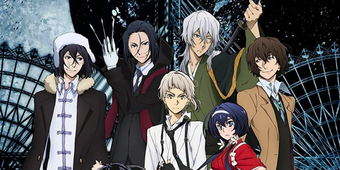 Bungo Stray Dogs main cast standing next to each other, with many of them grimacing. Image