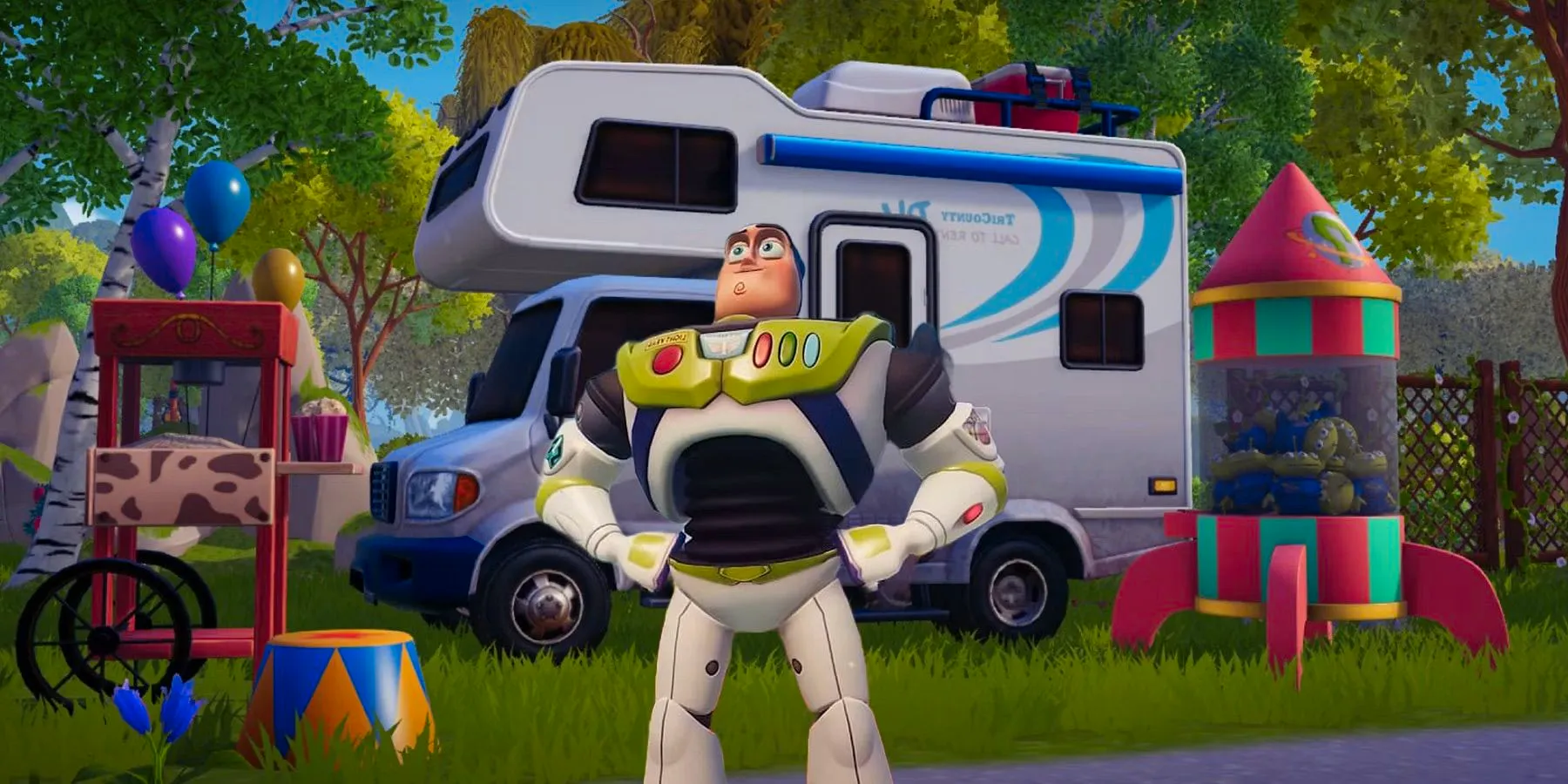 Buzz Lightyear in front of his RV in Disney Dreamllight Valley. Image