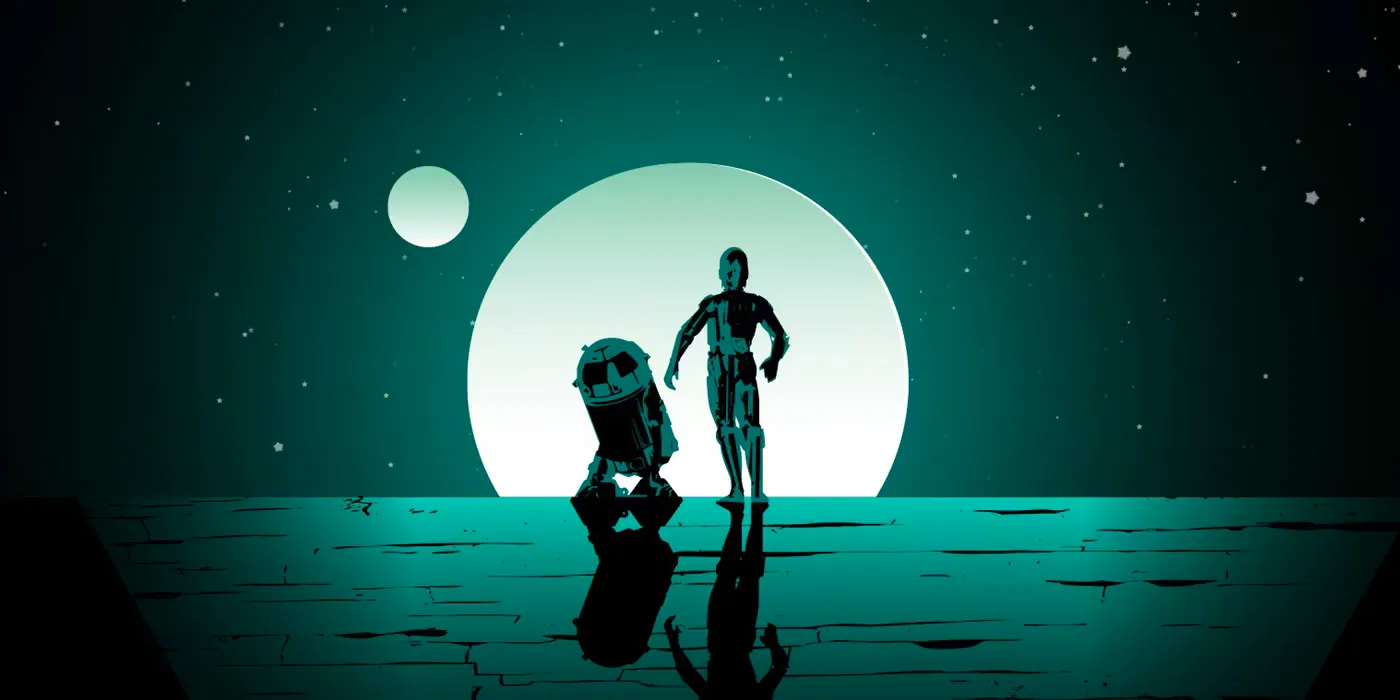 C-3PO and R2D2 stand beneath the moon Image