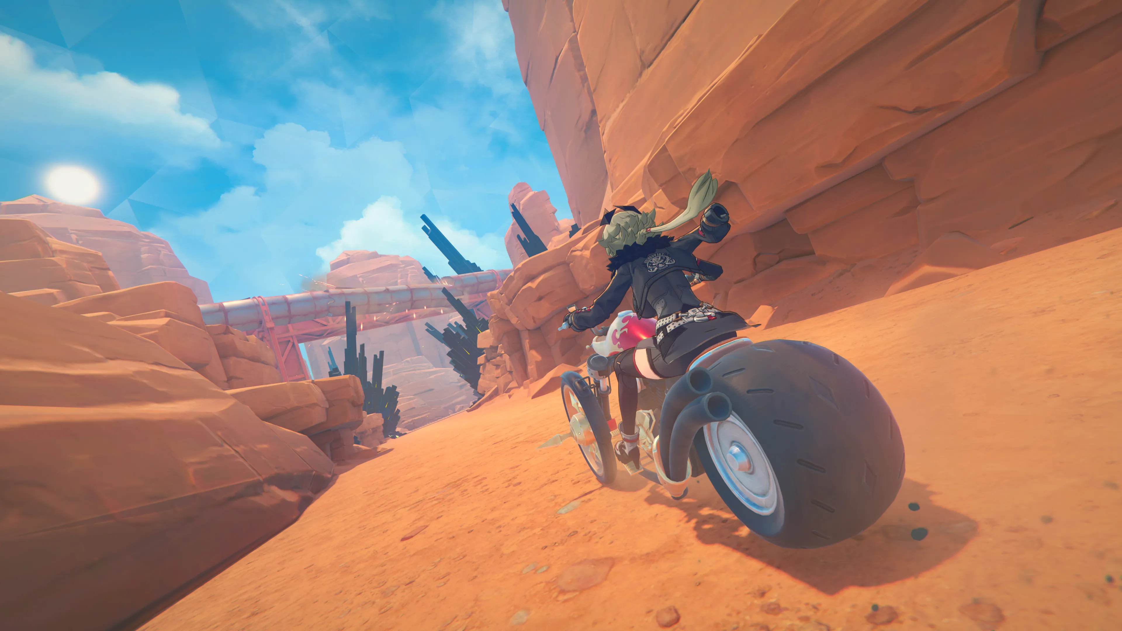 Caesar riding a motorcycle through a desert canyon in Zenless Zone Zero. Image