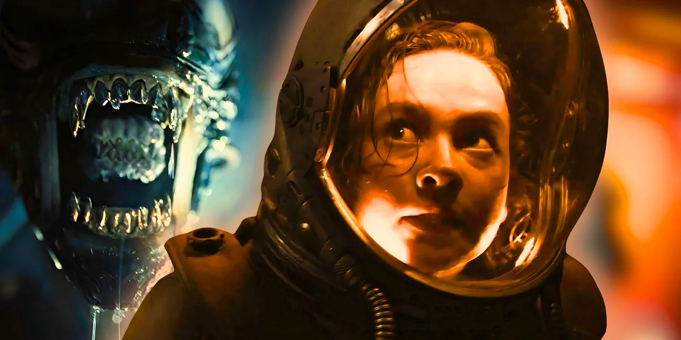 Cailee Spaeny as Rain in a spacesuit in Alien: Romulus with a Xenomorph baring its teeth behind her Image